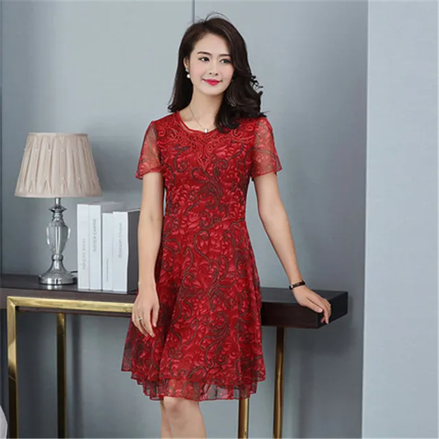 Middle aged and old women summer chiffon dress elegant mother floral ...