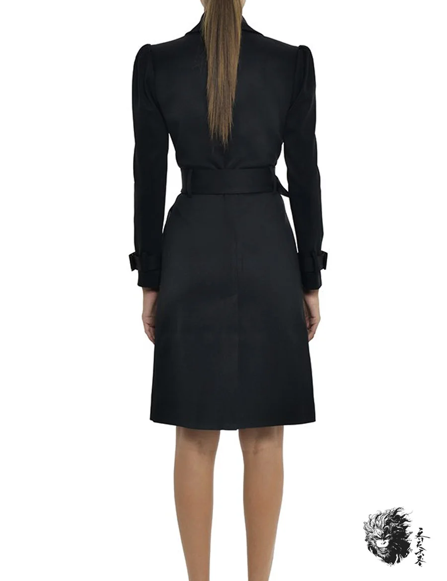 Классический черный Тренч Женское зимнее длинное пальто длинный рукав v-образный вырез Талия металлический пояс Abrigo Mujer Manteau Femme