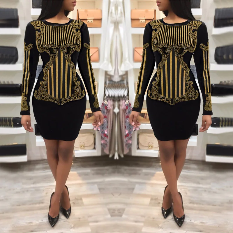 2018 New Style Fashion Gold Beading Women Dress Black Elegant Long Sleeve Mini Club Wear Celebrity Evening Party Dresses Vestido