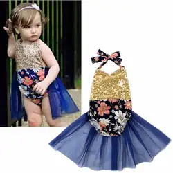Модная Милая летняя одежда для маленьких девочек с пайетками, с открытой спиной, купальный комбинезон, наряды, 0-24 м, без рукавов вечерние