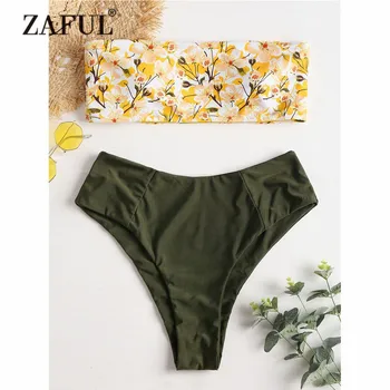 

ZAFUL Plus Size Floral Bandeau Bikini Swimwear Women High Waist Swimsuit Contrast Strapless Bathing Suit High Cut Biquni 2018