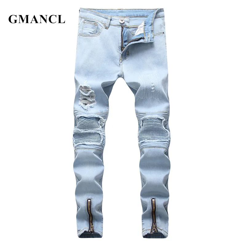 GMANCL 2018 Streetwear Hip hop Style Men Destoryed Biker Jeans Ripped Skinny Casual Men Pleated Cotton Joggers Jeans Trousers GMANCL 2018 Streetwear Hip hop Style Men Destoryed Biker Jeans Ripped Skinny Casual Men Pleated Cotton Joggers Jeans Trousers