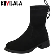 Kiiyilala Kid Suede Women Sock Boots women shoes Round Toe Platform Boots With Lace Ankle Boots For Women Ladies Booties Boman sacha london women s elga platform pump grey kid suede