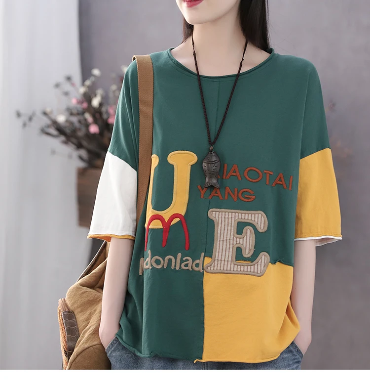 Women Summer Fashion Brand China Style Vintage Patchwork Letter Embroidery Short Sleeve T-shirt Female Casual Loose Tee Tshirts