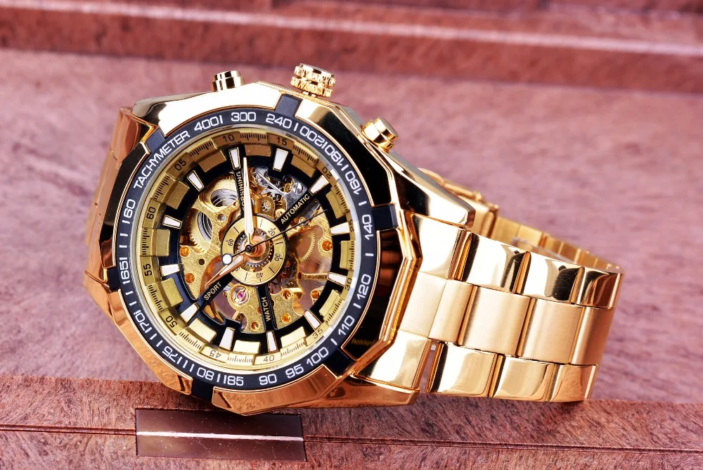 Forsining Спортивные Гонки серии нержавеющая сталь черный золотой циферблат лучший бренд класса люкс Скелет часы для мужчин автоматические часы для мужчин