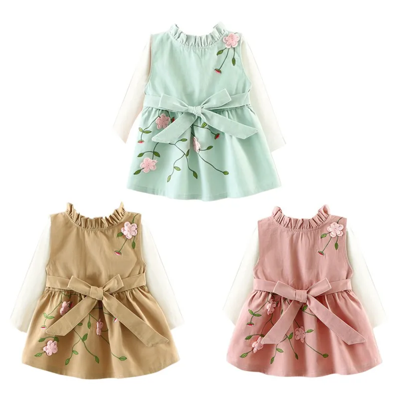 

WEIXINBUY Spring Autumn Girl Dress Children Clothes Long Sleeve Pattern Cotton Flower Embroider Dress Outfits