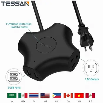 

TESSAN Mini Travel Power Strip with 2 Smart USB Ports, 3 Outlets Portable Charging Station with 5ft Extension Cord Socket for US
