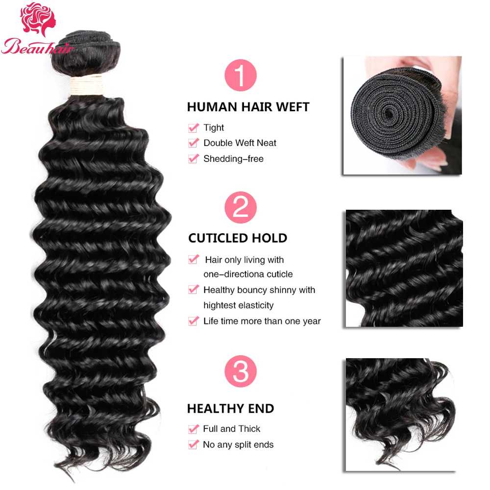 Beauhair Peruvian Deep Wave 4 Bundles With closure Human Hair Bundles With Closure Non-Remy Lace Frontal Closure With Bundles