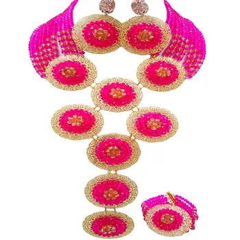 Fashion Fuchsia Pink and Champagne Gold AB African Necklace Nigerian Beads Jewelry Set for Women 9PHK09 Fashion Fuchsia Pink and Champagne Gold AB African Necklace Nigerian Beads Jewelry Set for Women 9PHK09