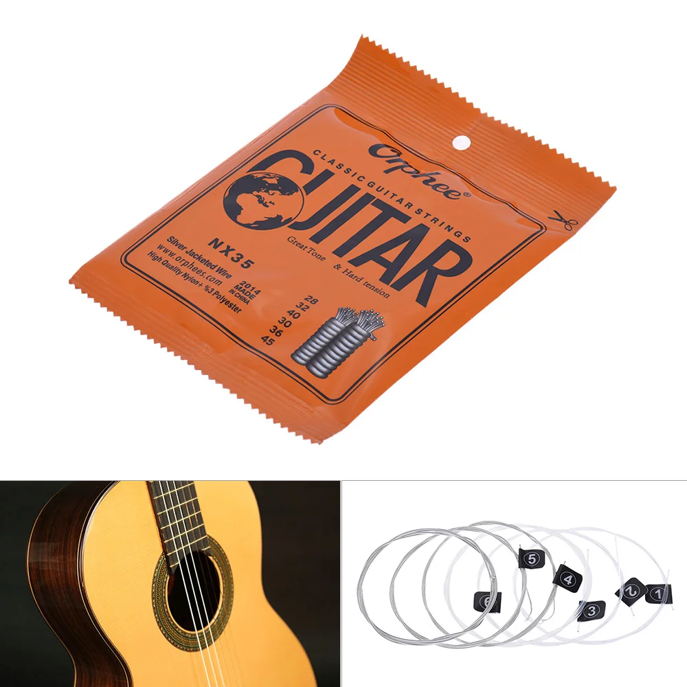 

Orphee NX35 6pcs Classical Guitar Strings Full Set Replacement (.028-.045) Nylon Core Silver Jacketed Wire Hard Tension