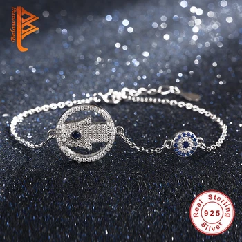 

BELAWANG 925 Sterling Silver Blue Crystal CZ God's Eye Charms Bracelet Palm Hamsa Silver Bracelet for Women Authentic Jewelry