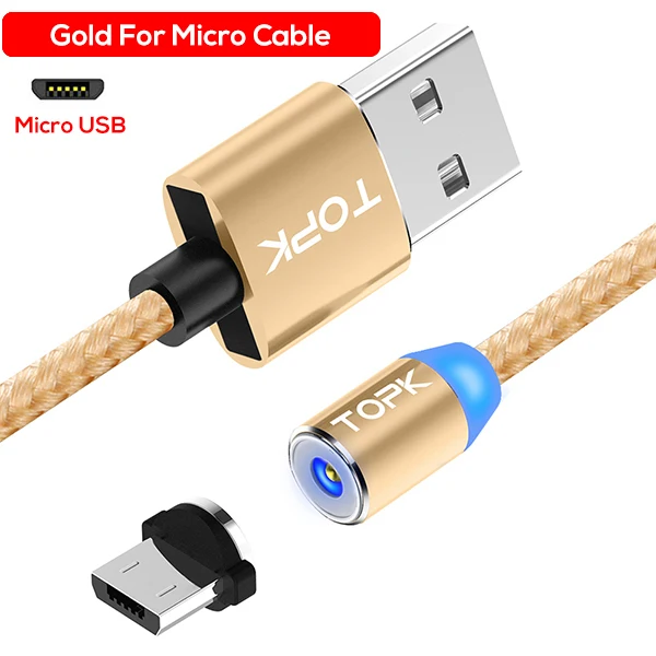 TOPK AM23 светодиодный магнитный Micro USB кабель USB C кабель для samsung Xiaomi huawei Android кабели для мобильных телефонов для iPhone X Xs Max - Цвет: Micro Cable Gold