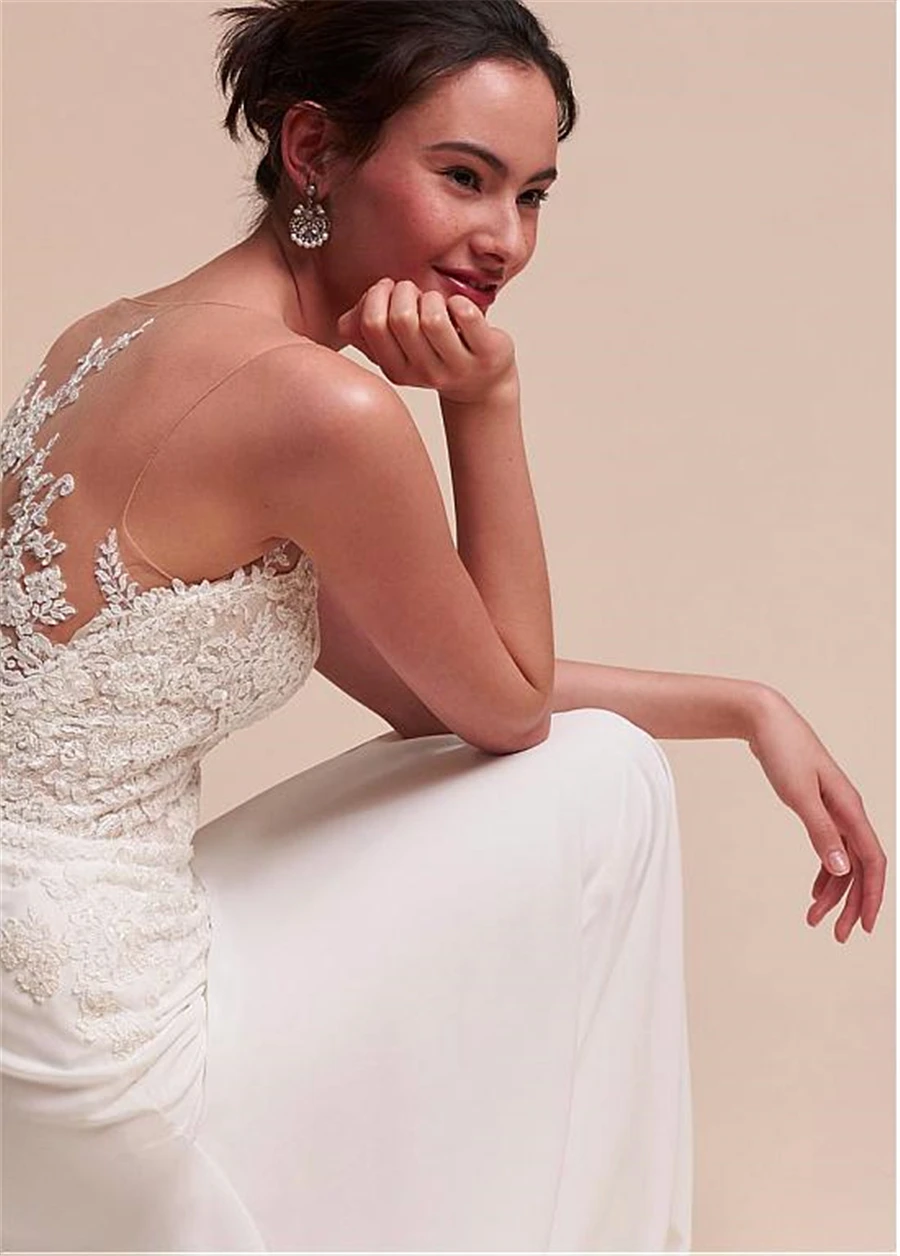 Fantastic Jewel Neckline Sheath/Column Wedding Dress With Beaded Lace Appliques Beading Sash Long Bridal Dress