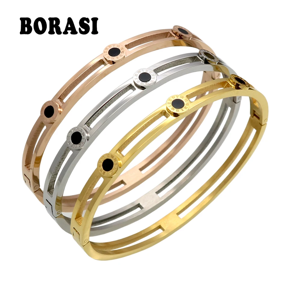 

BORASI New Roman Numerals Bracelet Gold Color Stainless Steel Hollow Roman Numbers Cuff Bangle Bracelet Pulseras Jewelry