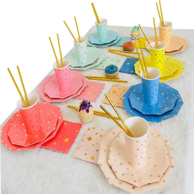 buy Pentagram Star Star Theme Disposable Tableware Sets Party Plates Cups Paper Straws Birthday Party Decorations Party Supplies