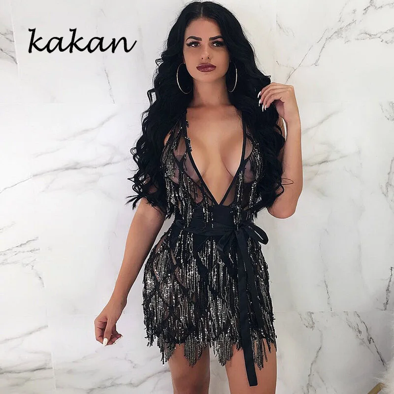 

Kakan 2019 new best women's sequin dress two-piece sexy nightclub backless dress deep V-neck tassel sequin club party dress