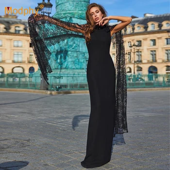 

Modphy2018 new winter women's long bandage dress black sexy lace bat sleeve Bodycon Vestidos host celebrity fashion party dress