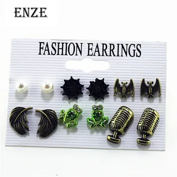 

ENZE retro fashion animal 6 pairs / set of drop glaze frog feather bat imitation pearl earrings jewelry hundred matching