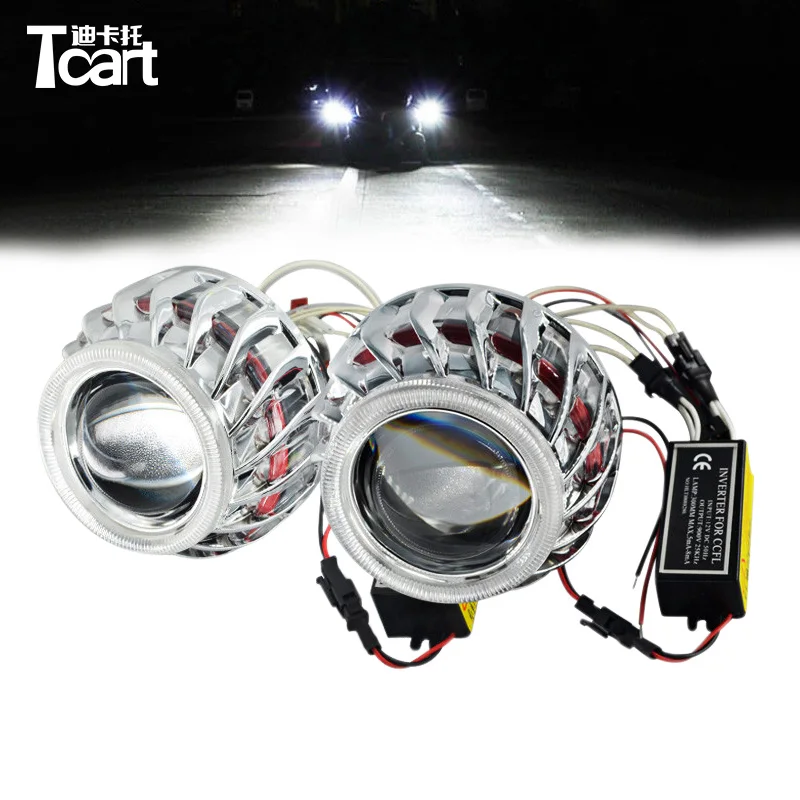 

Tcart CCFL F2 Circular /Round Double Angel Eyes bi -xenon hid conversion kit Projector Lens Light For Auto Headlights