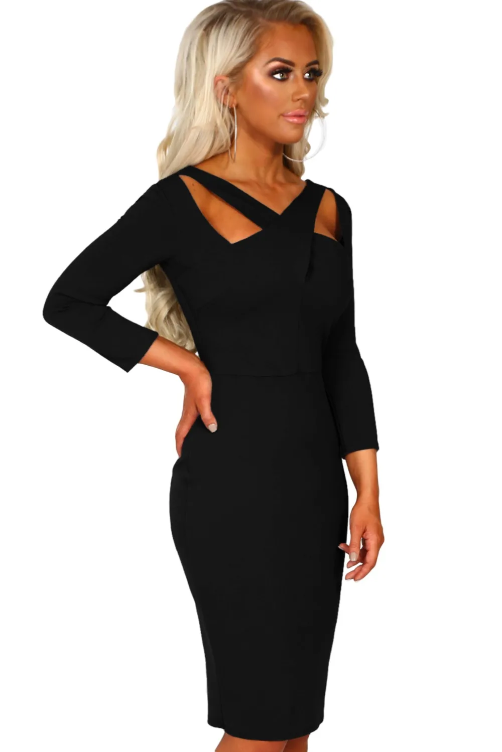 Black-3-4-Sleeve-Cross-Over-Bodycon-Midi-Dress-LC610407-2-3