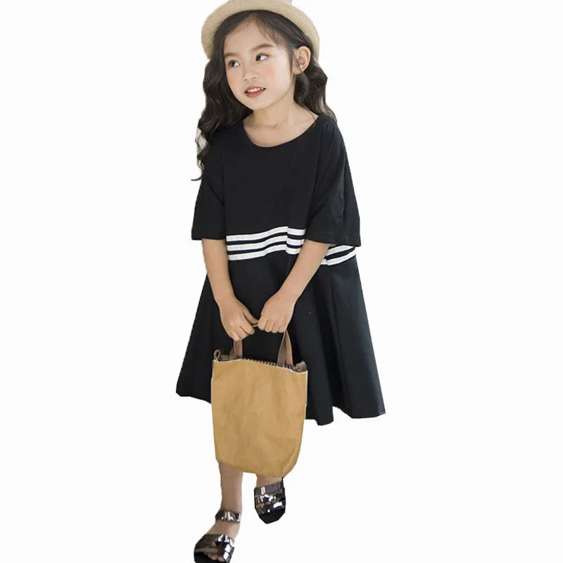

3-12 Yrs Girls Summer Dresses White Black Striped Loose Kids Dresses For Girls Clothes Party Princess Dress Children Clothing