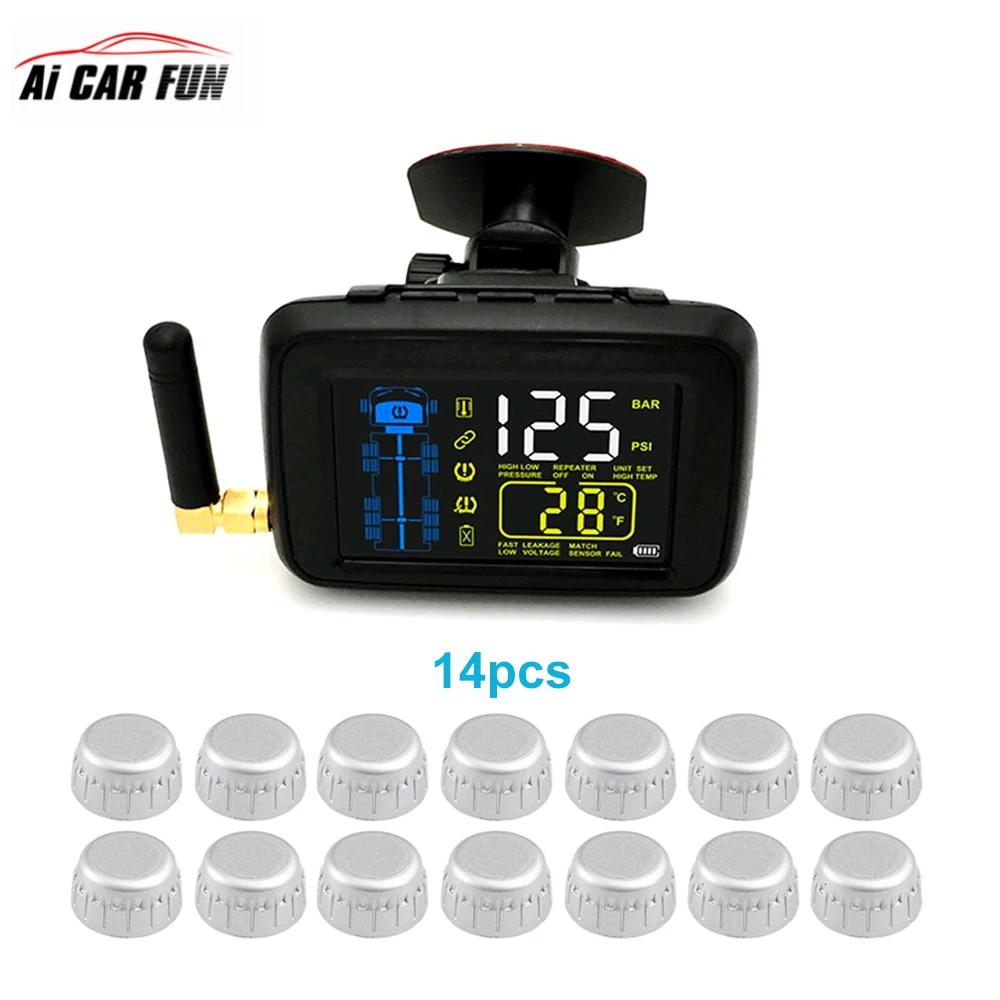 

Universal Multifunction Cars Trucks TPMS Car Wireless Tire Pressure Monitoring System + 14 Wheel External Sensor Color LCD Batte