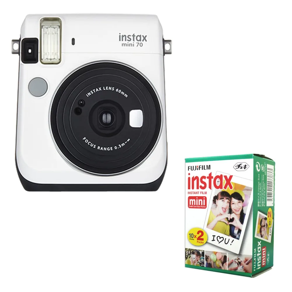 

Fujifilm Instax Mini 70 Instant Film Camera White with stylish shoulder strap + Fuji 20 film white edge Instant Photo Picture