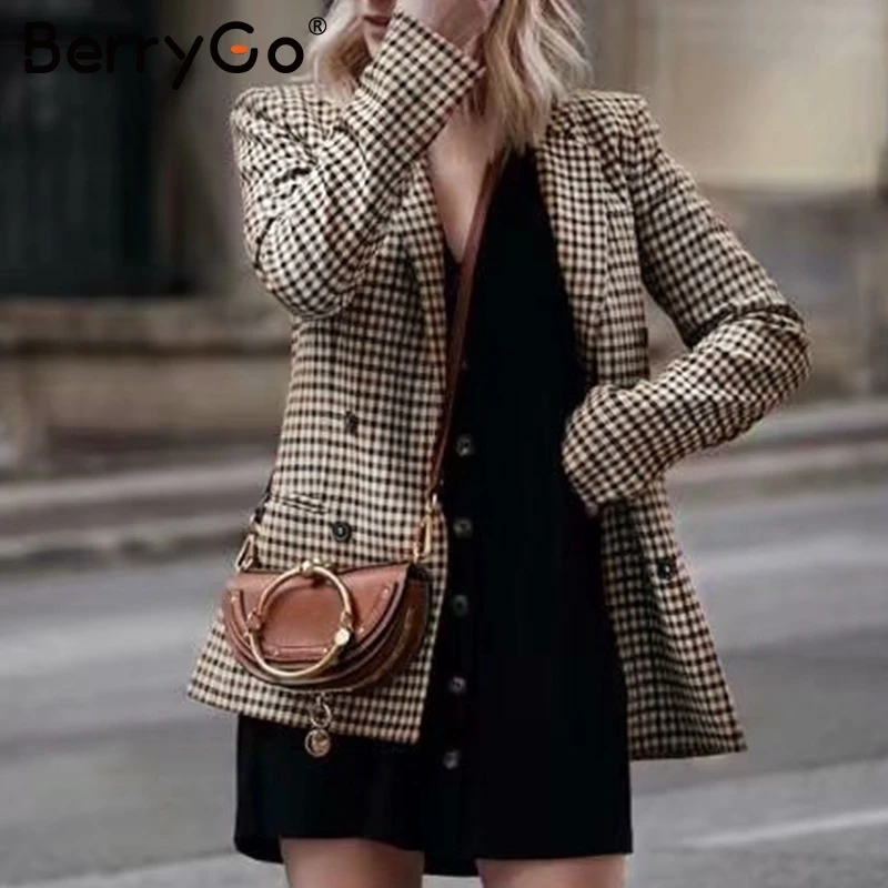 

Berrygo Elegant double breasted short plaid women blazer Long sleeve pocket tweed ladies blazer Spring jacket office suit female