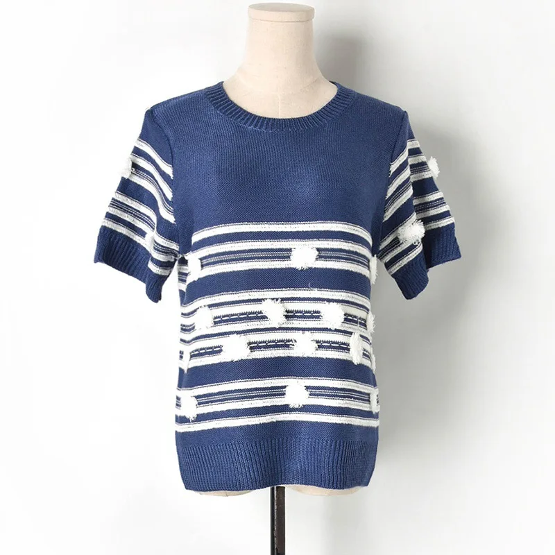 

New 2019 Runway tshirt Women Harajuku Knitted Striped Vintage Tees Shirt tee shirt femme Casual Short t-shirt Top camiseta mujer