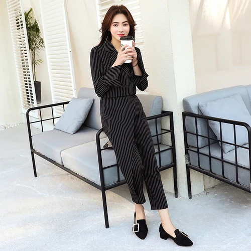 

Fashion Two Sets 2018 New Styles Thin Vertical Striped Pants Tide Elegant Office Lady High End Female Suit