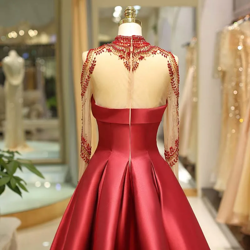 Роскошный длинный рукав Красные платья для выпускного с цельными круглыми кристаллами, с высоким воротником, Длинные бальные платья для выпускного бала