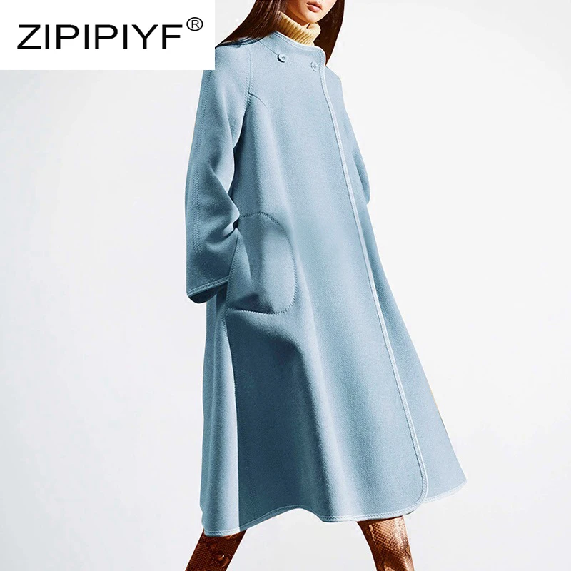 Femmes Lâche cou Tranchée À Nouvelle Arrivée Long Manteau Hiver C2655 Laine Bleu Élégante Mode Automne Manches Longues Pu Style Ciel O 2018 dOnqz8Zd
