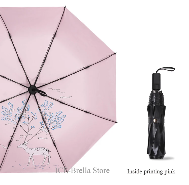 Мода Мультфильм Для женщин зонтик олень анти УФ черное покрытие Защита от солнца женские пляжные зонты три складной зонт от дождя Для женщин внутри - Цвет: inside printing pink