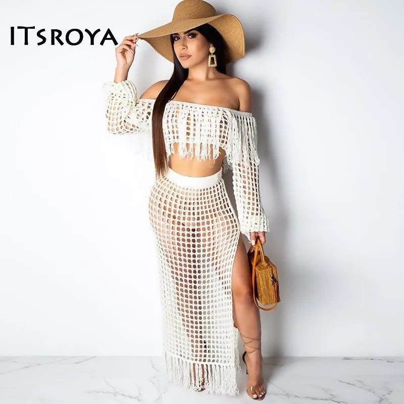 ITSROYA с открытыми плечами пляжное платье выдалбливают длинным рукавом из двух частей купальник Лето кисточкой Женская пляжная одежда пляжная юбка