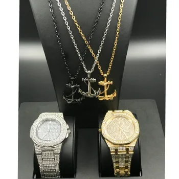 

Hip Hop Jewelry Crystal Miami Stylish Necklace Men Gold Silver Color Watch Combo Set Hip Hop Anchor Pendant & Rope Chain