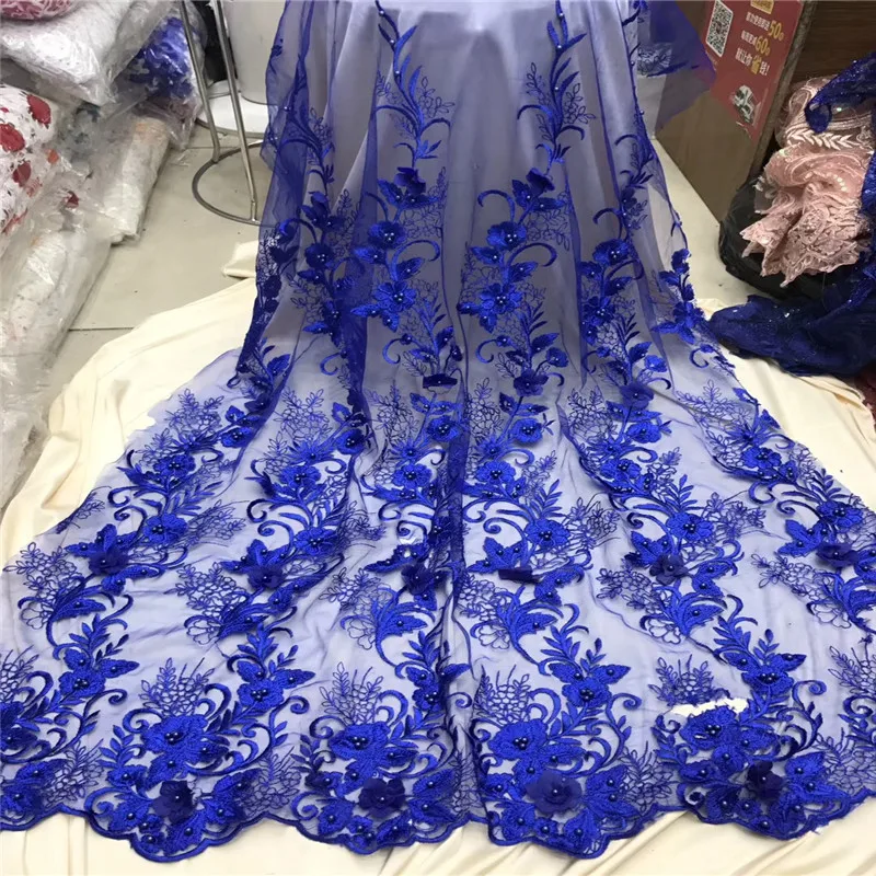 

HFX Nigeria African High Quality 3d Flower Embroidered Guipure Tulle Mesh Lace Royal Blue Wedding Dress Net Lace Fabric X1176-1