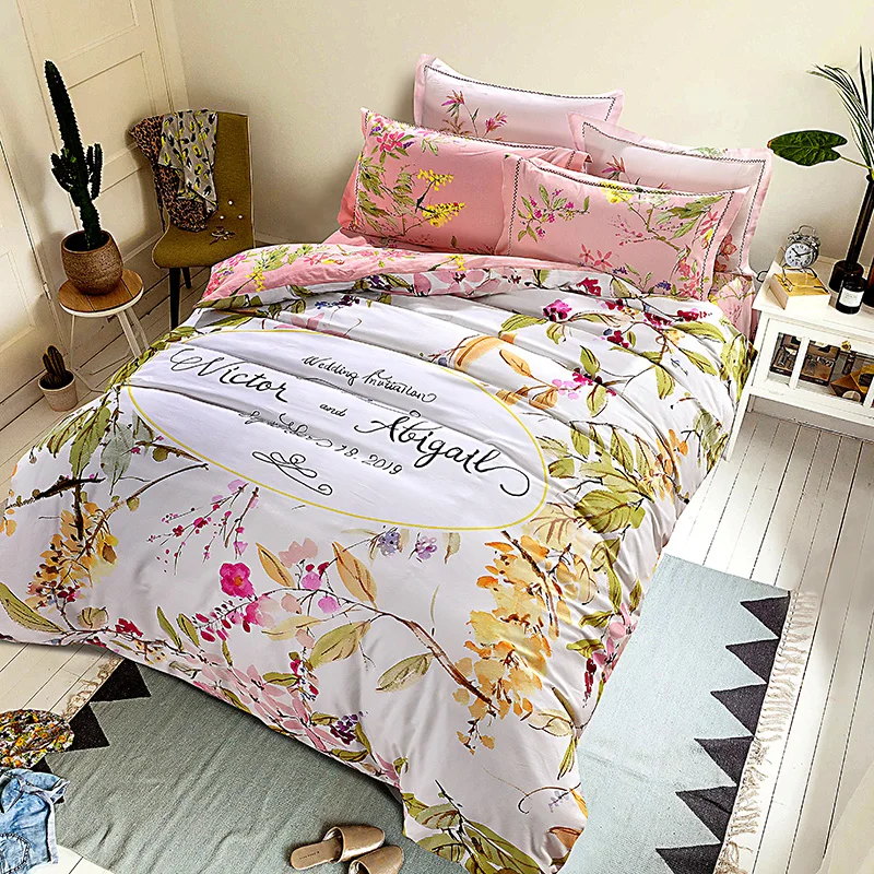 Bright Color Watercolor Pink Peach Blossom Bedding Sets Queen King Size