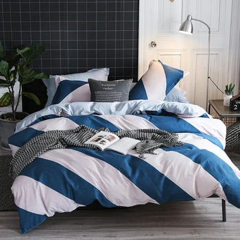 

BEST.WENSD White +Blue Simple stripe Bedding set Quilt cover +bed sheet +pillowcases beddings and bed sets for boy girl