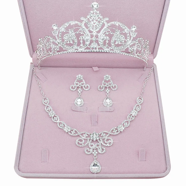 Diários de noiva Nupcial Flor Waterdrop Cor Prata Strass Noiva 3 pcs Set Colar Brincos Conjunto De Jóias de Casamento Da Tiara Da Coroa (8)