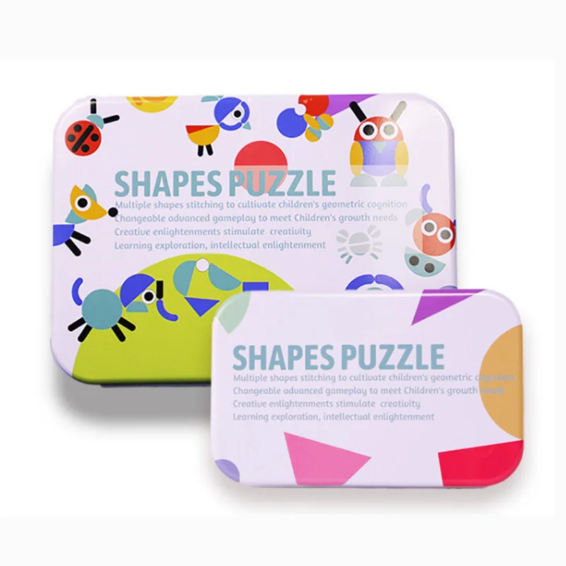 Crafts For kids Shapes Puzzle Wooden Animal Jigsaw Toys Educational Kids Puzzles Toy with Metal box