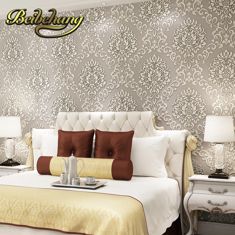 wall paper. Pune Jane European Damascus wallpaper 3D stereoscopic relief backdrop wallpaper non-woven wallpaper bedroom living r