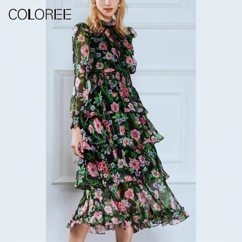 

COLOREE New Fashion Floral Printed Dress 2019 Summer Black Stand Neck Elastic Waist Long Sleeve Ruffle Lace-up Bow Casual Dress