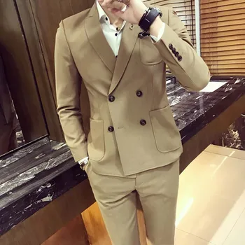 

2017 Khaki Tuxedo Mens Suits Blazers With Pants Ternos Masculinos Slim Fit Men Double Breasted British Style Prom Suit