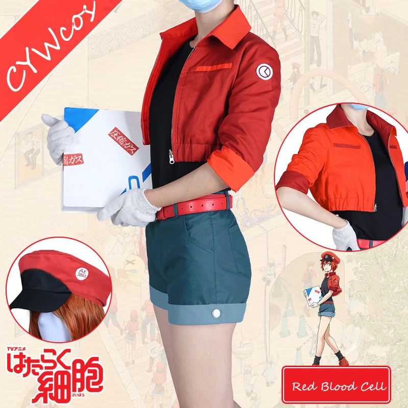 

2018 New Anime Cosplay Cells At Work Red Blood Cell Cosplay Costume Party Red Uniforms Cells Cosplay Suits Coat+Shirt+Shorts+Hat