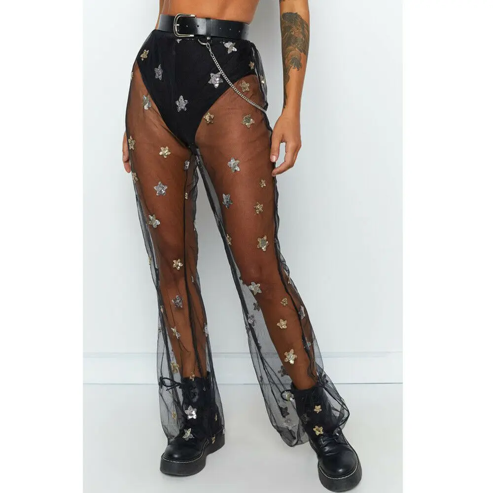 no underwear Летнее праздничное женское пляжное блестящее Сетчатое Прозрачное Бикини с блестками, купальный костюм, Длинные расклешённые брюки - Цвет: no underwear