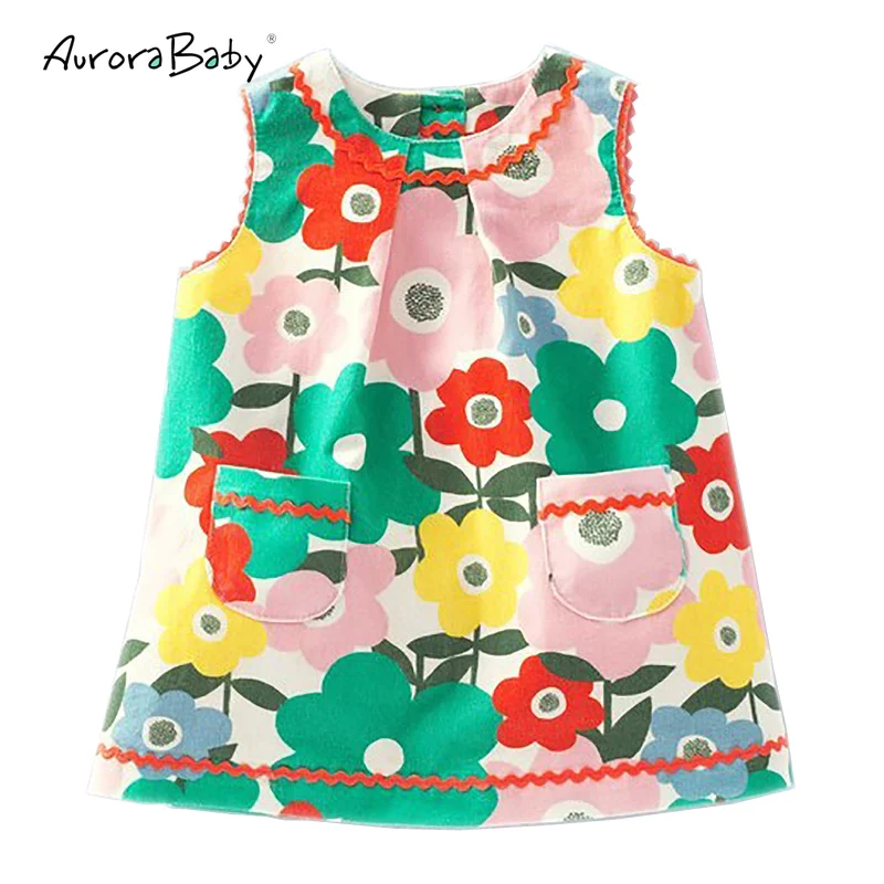 

2018 New Summer Girls Cute Flower Cartoon Animal Print Princess Dresses Colorful Floral Cording Dress Vest Costumes Kids Clothes