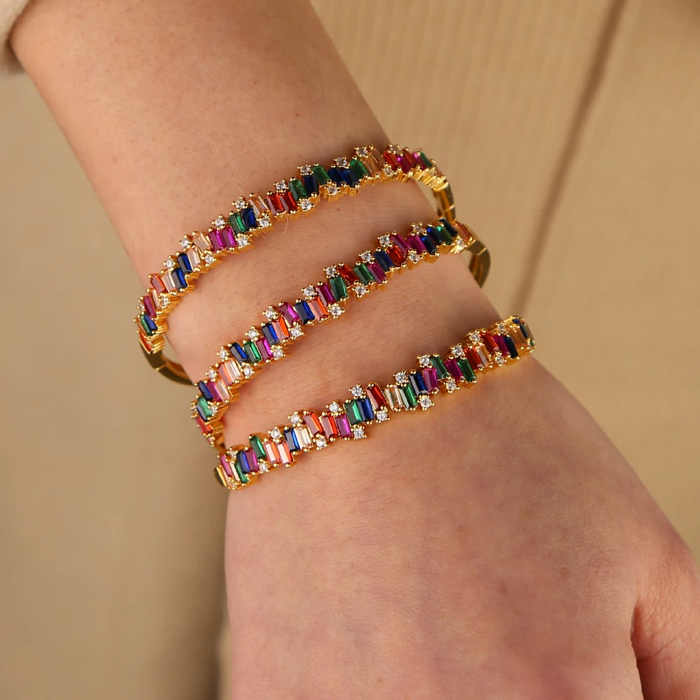 

2019 new inner 56-58mm diamater 17-18cm rainbow baguette firework cz women lady gorgeous luxury bangle bracelet