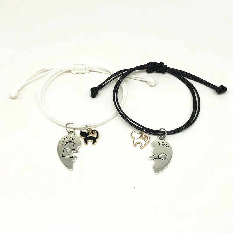 New Fashion Couple Bracelet Stitching Heart Bracelets Women Cute Cat Pendant Romantic Valentine's Day present for Lovers