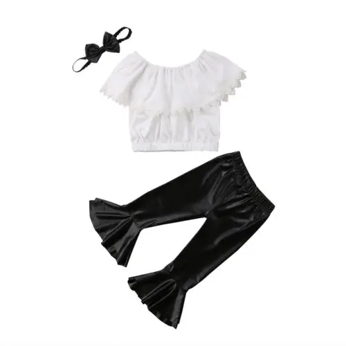 Girls Strapless Tops Short Sleeve Casual Leather Pants Headband Kid