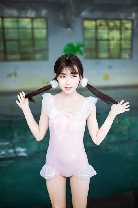 Japanese Soft Girl Sweey Style White Ruffles Kawayii Pink Bodysuits With Bowknot Sexy Sleeveless Bodycon Beach Swimwear Women1